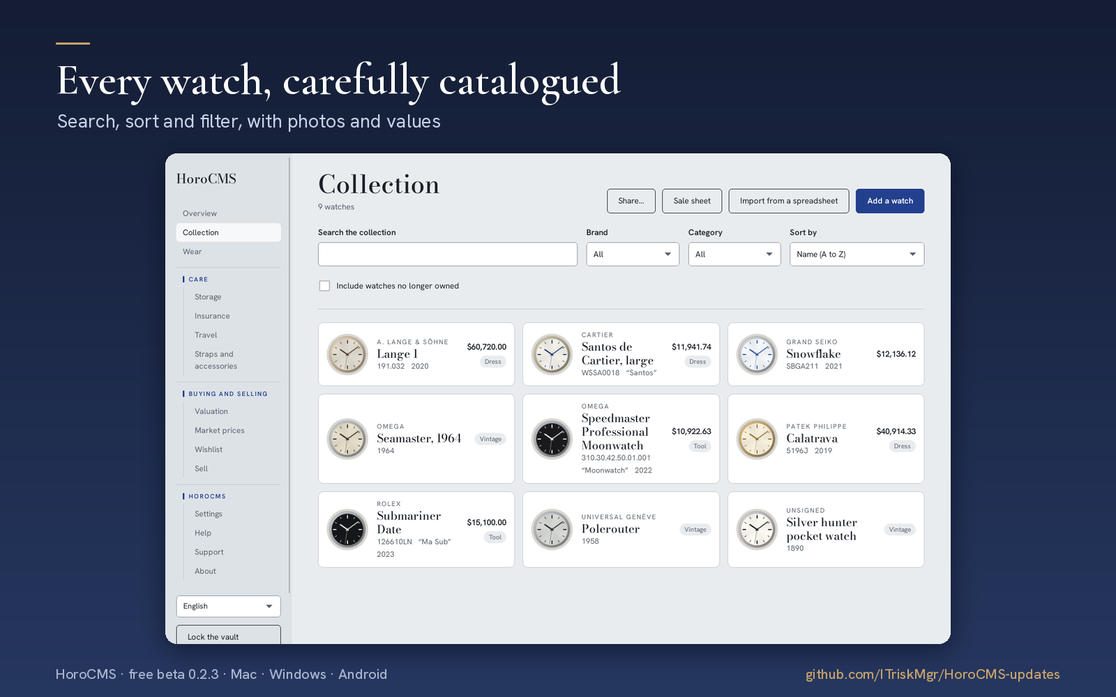 HoroCMS — Every watch, carefully catalogued