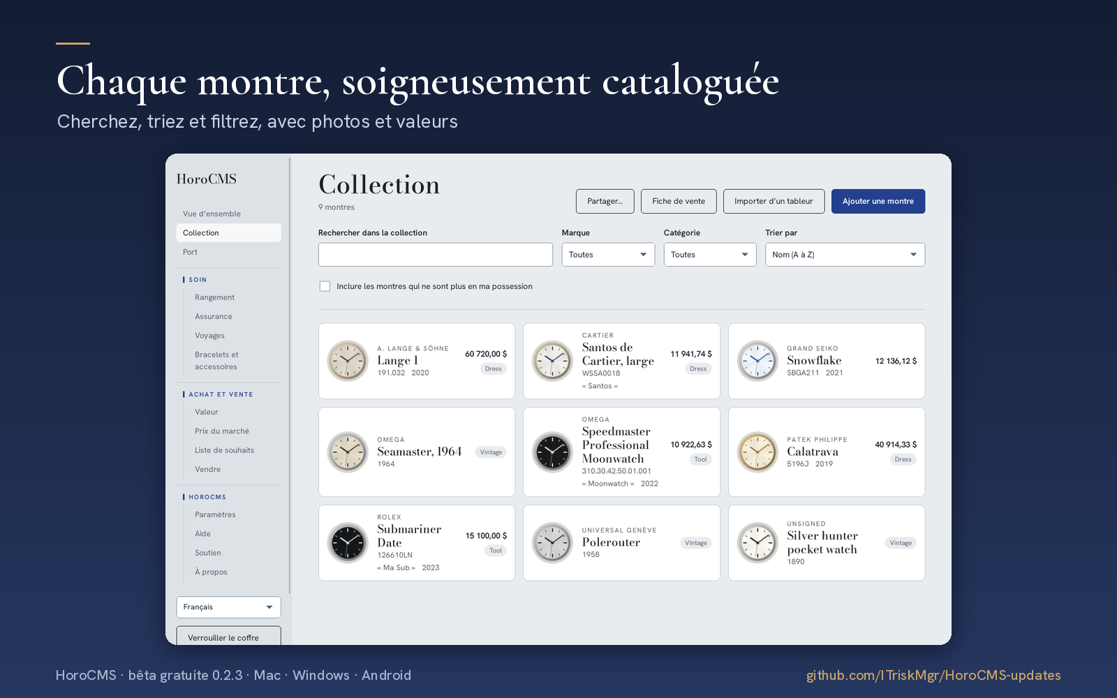 HoroCMS — Chaque montre, soigneusement cataloguée